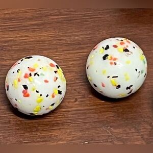 Vintage Pair White Frit Speckled Glass marbles, colorful embedded flecks